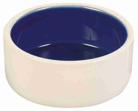 Pet feeding bowl in cream and blue stoneware, 12cm, durable, non-porous, suitable for medium pets, dishwasher safe.