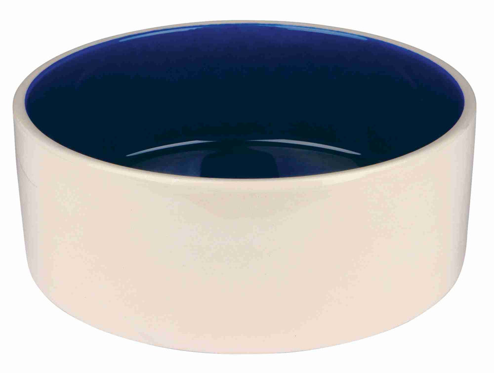 Stylish cream and blue stoneware pet feeding bowl, 22cm wide, durable and easy to clean for cats and dogs.