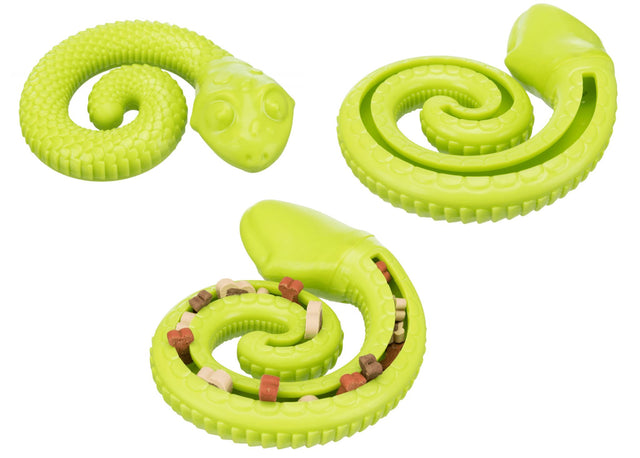 Coiled 18cm Snack-Snake dog toy designed for interactive play, treat-filled fun, and durable chewing for small to medium breeds.