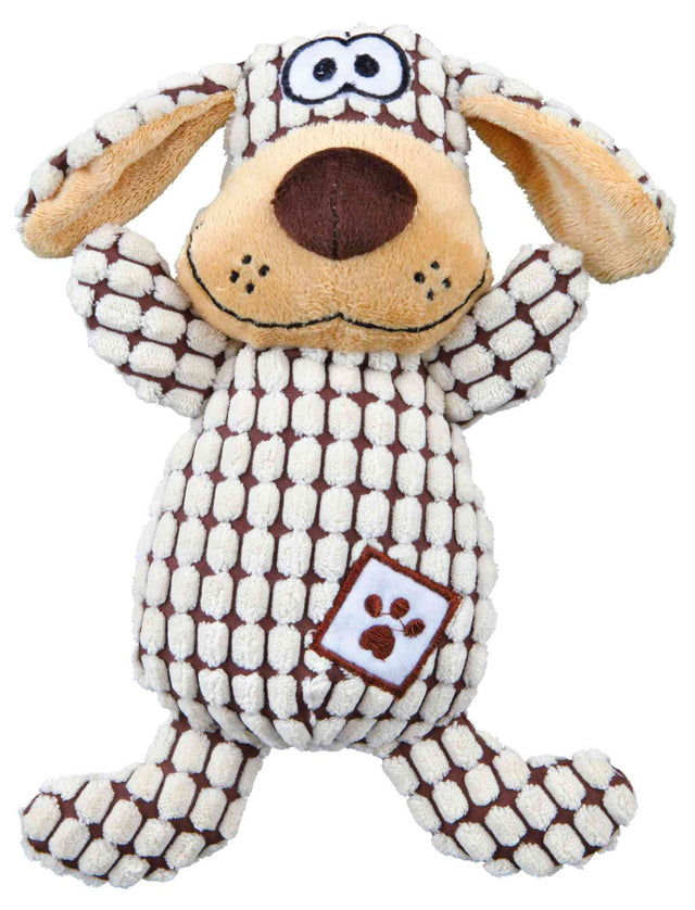 Cuddly 26cm dog plush toy made from soft fabric, perfect for play and comfort for pets of all sizes.