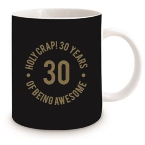 Sleek black ceramic mug celebrating 30 years with a humorous slogan, perfect for gifts and daily use.