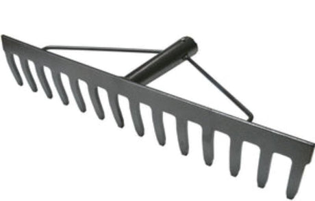 Heavy-duty grey hammertone rake head with 14 sharp teeth, ideal for versatile gardening tasks and tough jobs.