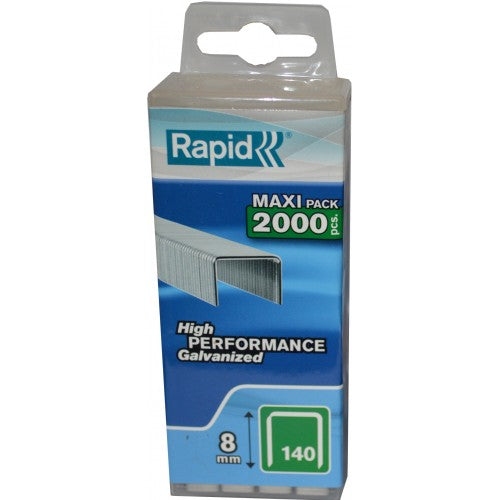 High-performance galvanised staples for gun tackers, 2000 pack, 8mm leg, 10.6mm crown, ideal for secure stapling of plastic.