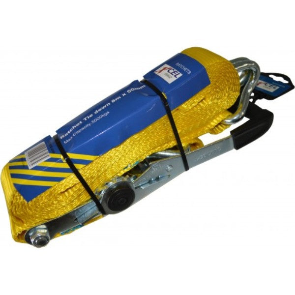 Heavy-duty Ratchet Tiedown Xcel Cargo with 2500kg capacity, perfect for securing motorcycles, furniture, and equipment.