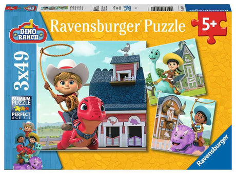 Colorful Ravensburger puzzle set featuring three 49-piece scenes with dinosaurs and dragons for kids aged 5 and up.