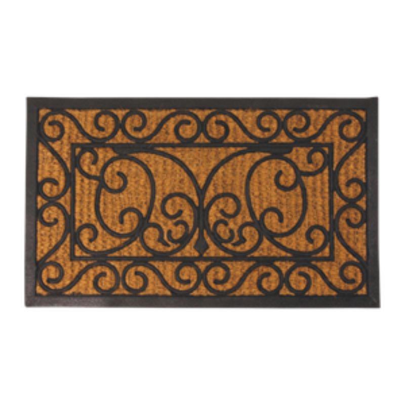Large rectangular doormat in Victorian design, made of rubber and coir, ideal for trapping dirt and enhancing entrance appeal.