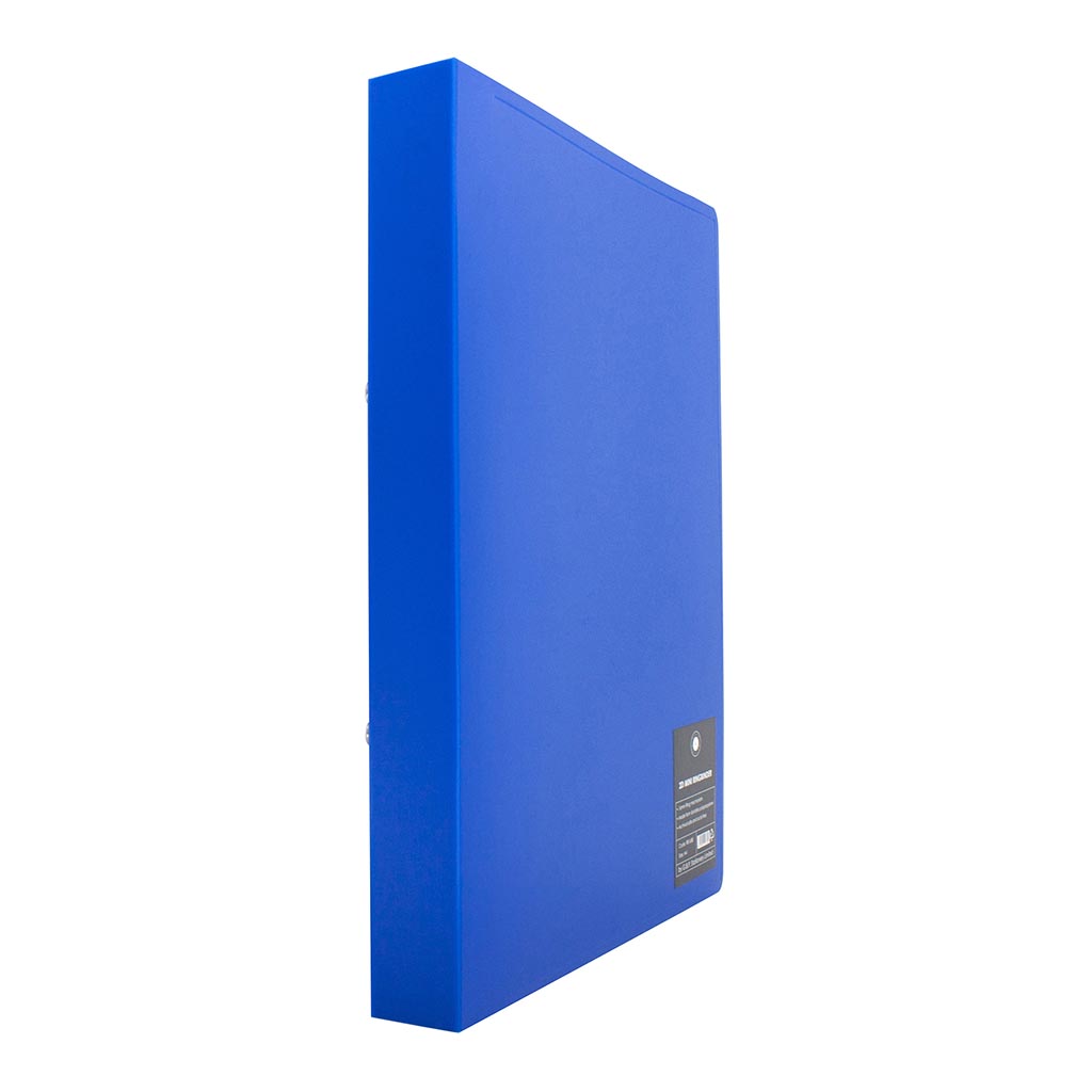 Blue A4 mini ringbinder made of durable polypropylene, featuring a 16mm mechanism and inside pocket for organization.