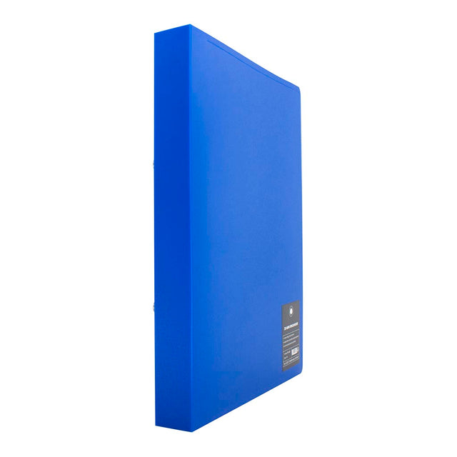 Blue A4 mini ringbinder made of durable polypropylene, featuring a 16mm mechanism and inside pocket for organization.