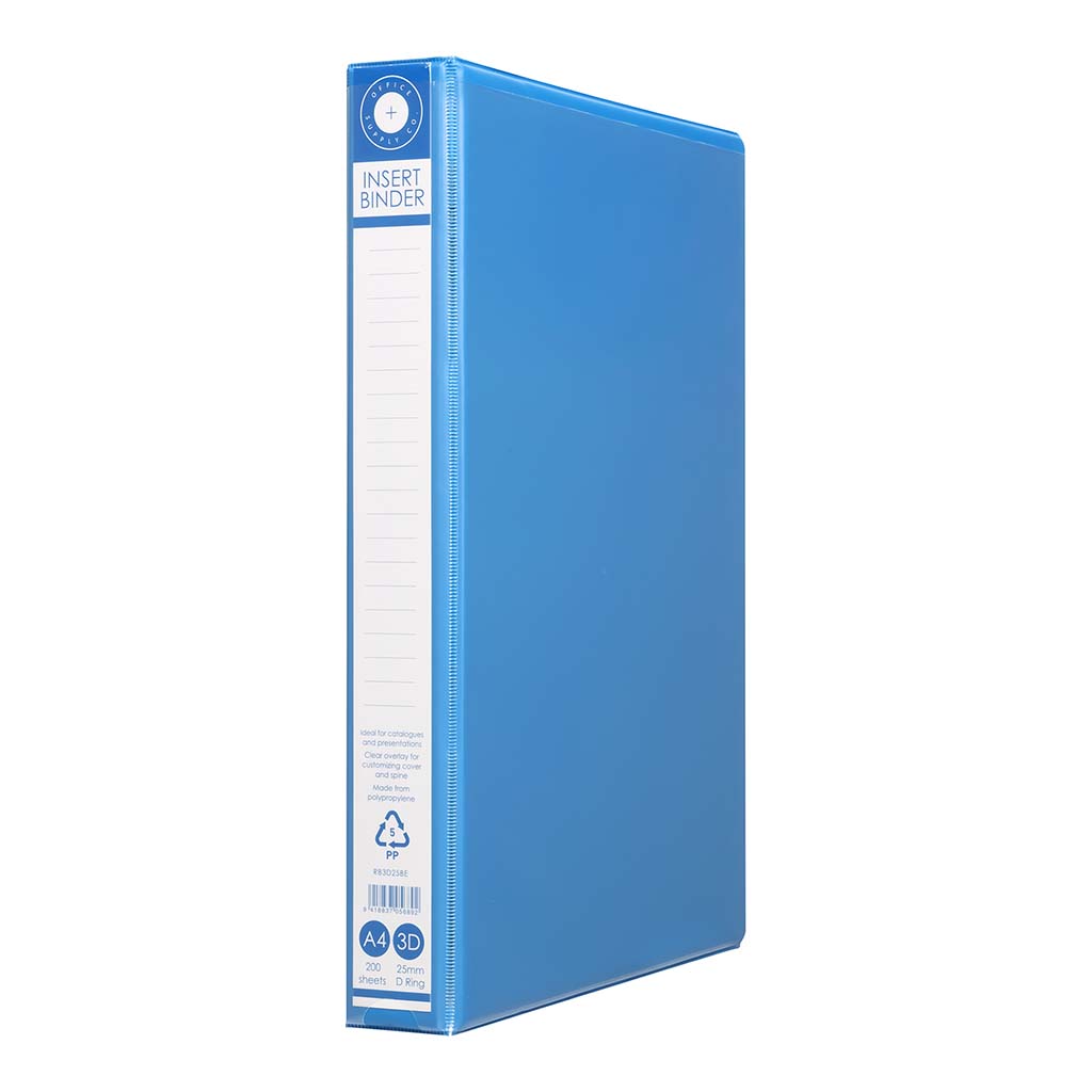 A4 blue binder with 3 D-rings, holds 200 sheets, made from recycled materials, includes pockets for extra storage.