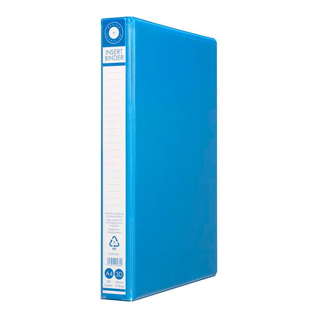 A4 blue binder with 3 D-rings, holds 200 sheets, made from recycled materials, includes pockets for extra storage.