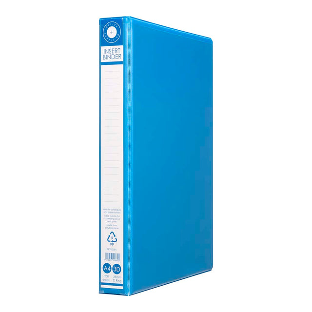 A4 blue binder with 3 D-rings, holds 200 sheets, made from recycled materials, includes pockets for extra storage.