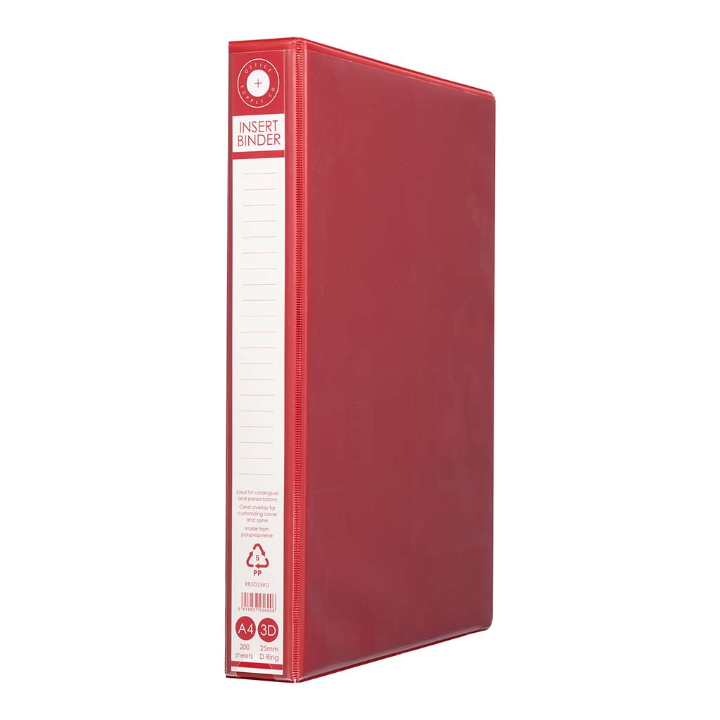 Vibrant red OSC Insert Binder A4 with 3 D-rings, holds 200 sheets, eco-friendly design with clear overlay for personalization.