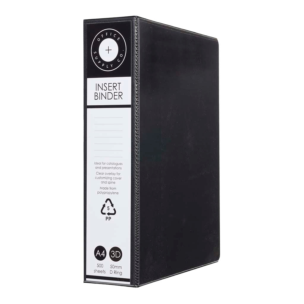 Black A4 insert binder with 50mm D-rings, 300-sheet capacity, made from recycled materials, featuring customizable clear overlays.