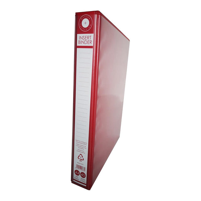 Red OSC Insert Binder A4 with 4D rings, 25mm capacity, holds 200 sheets, eco-friendly design with clear pockets for organization.