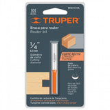 Truper Double Flute Straight Router Bit (1/4"), durable chrome steel, tungsten carbide cutter for precise wood cutting.