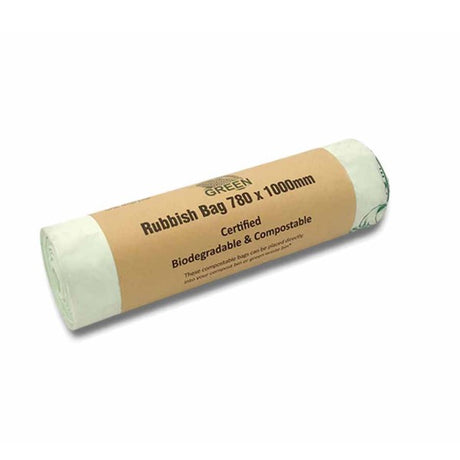 Biodegradable and compostable rubbish bags, 10 bags per roll, eco-friendly solution for sustainable waste management.