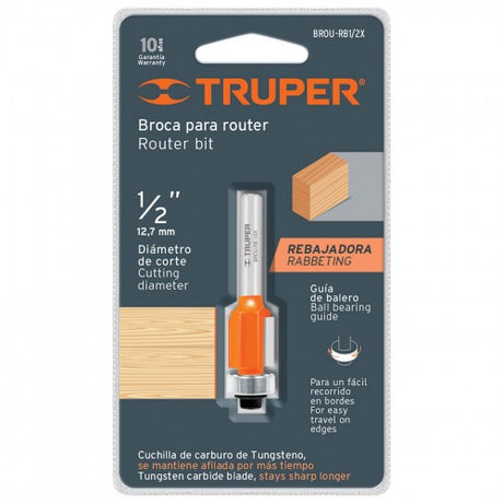 Truper Straight Cut Router Bit (1/2") with chrome steel body and tungsten carbide cutter for precise wood shaping.