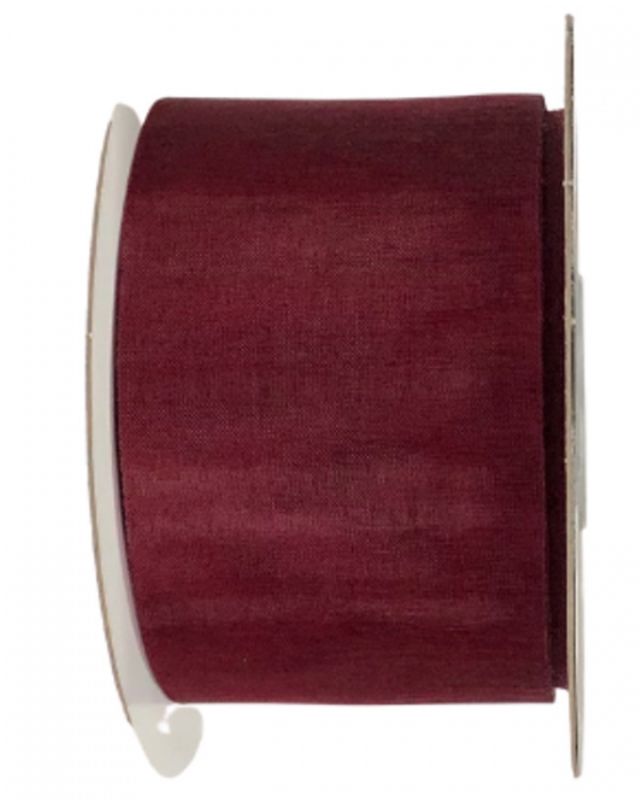 Burgundy cut edge organza ribbon, 50mm wide and 50m long, ideal for elegant crafting, decorations, and gift wrapping.