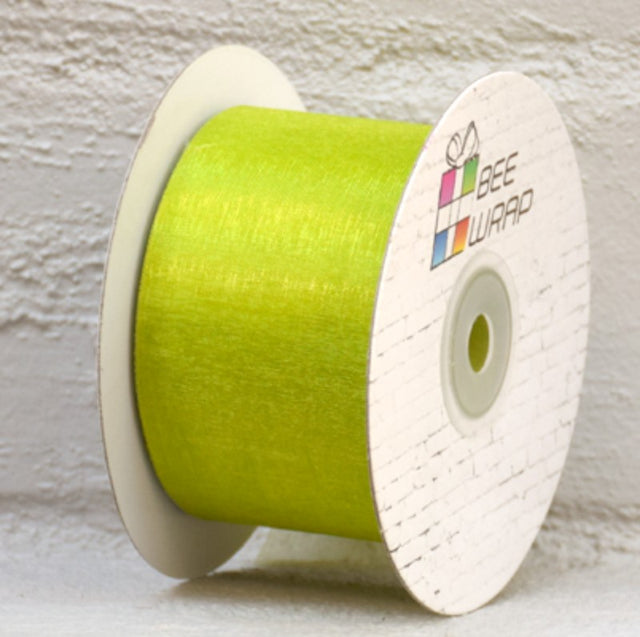 Vibrant lime organza ribbon, 50mm wide and 50m long, perfect for gift wrapping, floral designs, and elegant decorations.