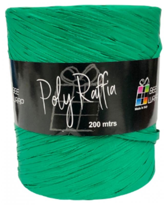 Vibrant emerald poly raffia ribbon, 5mm x 200m, ideal for crafting, gift wrapping, and event decorations.