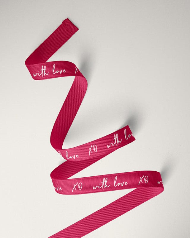 White on red 10mm grosgrain ribbon with 'With Love' design, perfect for crafting and gift wrapping. 25m length.