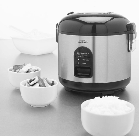 Sunbeam Rice Perfect Deluxe 7 Rice Cooker with 7-cup capacity, non-stick bowl, and automatic cooking control for perfect rice.