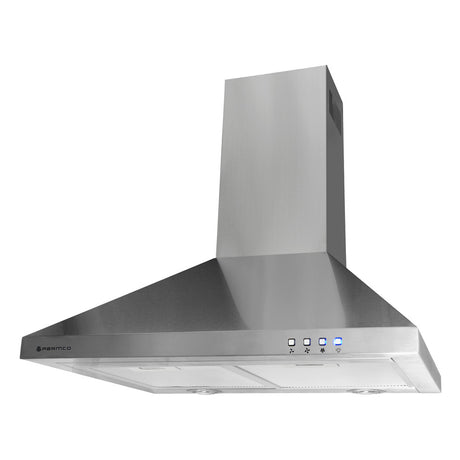 Stainless steel Parmco 600mm pyramid canopy range hood with LED lights, 3 speed settings, and dishwasher-safe grease filters.