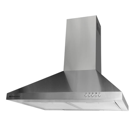 Stylish Parmco 600mm stainless steel canopy range hood with integrated LED lights, adjustable speeds, and dishwasher-safe filters.