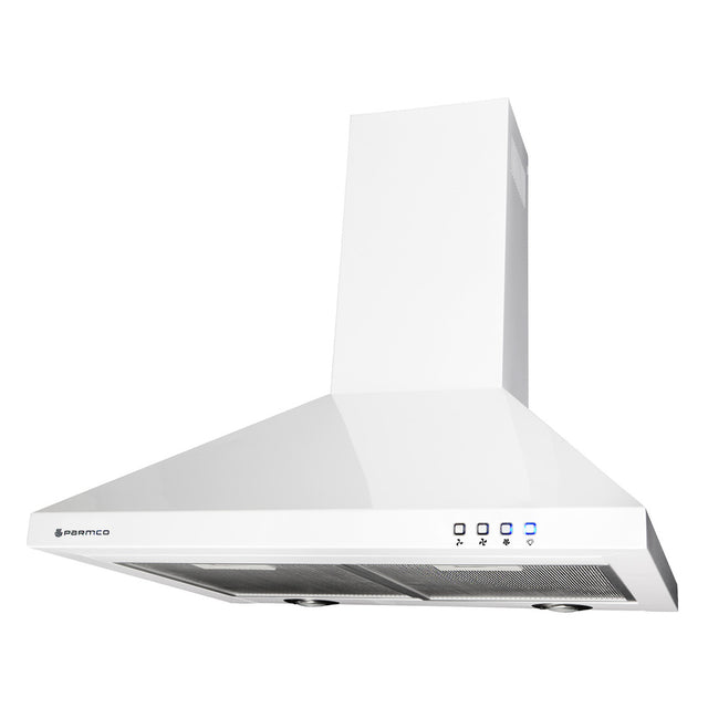 Sleek white 600mm pyramid-style range hood with LED lights, 1000m3/h capacity, and dishwasher-safe aluminium grease filters.