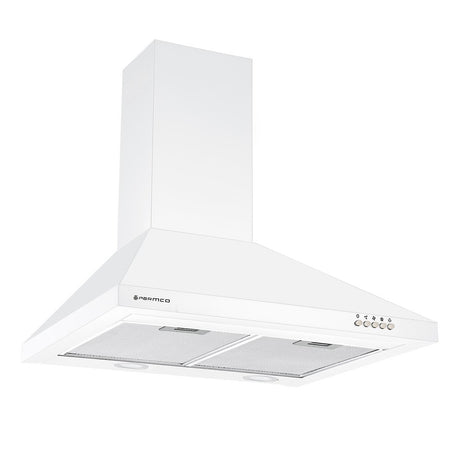 White Parmco 600mm pyramid-style rangehood with LED lights, three fan speeds, and dishwasher-safe grease filters.