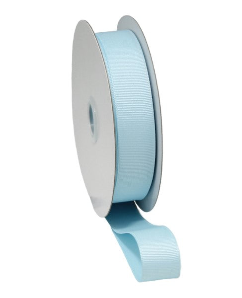 Pale blue grosgrain ribbon with woven edges, 20mm wide and 20m long, perfect for crafting and decorating.