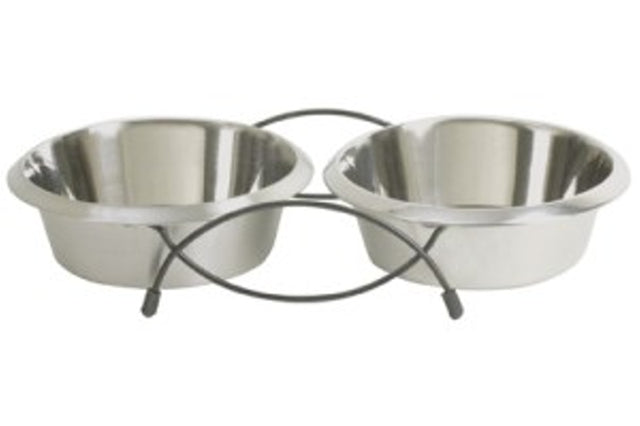 Double stainless steel dog bowl set, 230ml capacity each, with non-slip base for stylish, functional pet dining.