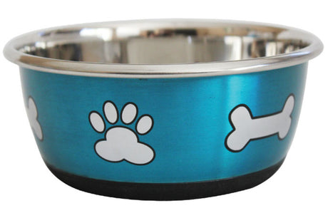 Metallic blue stainless steel dog bowl with anti-skid base, 1.9L capacity, stylish design for food and water.