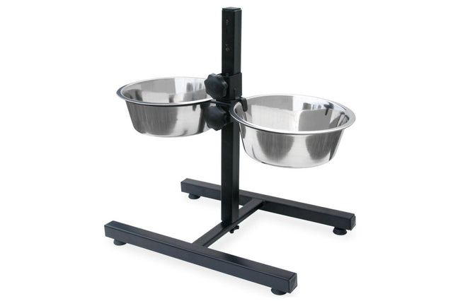 Height-adjustable dog feeding bowl with two 2.75L bowls for optimal pet health and convenience, designed for all dog sizes.