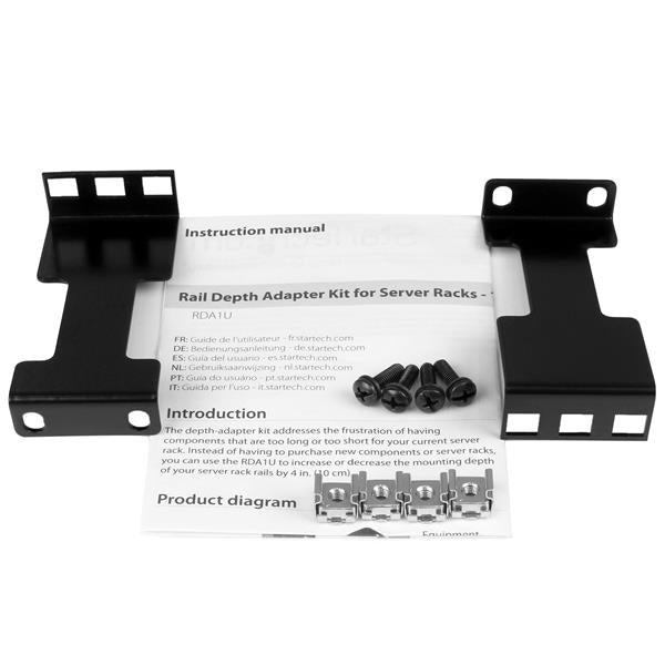 Rail Depth Adapter Kit for Server Racks - 1U, adjustable depth for equipment, TAA compliant, supports up to 90 lbs in four-post racks.