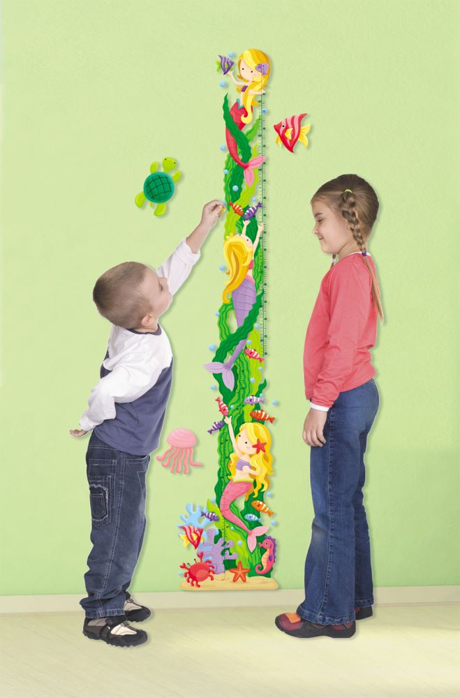 Mermaid-themed wall growth chart decal for kids, tracks height up to 170cm, easily removable and repositionable.