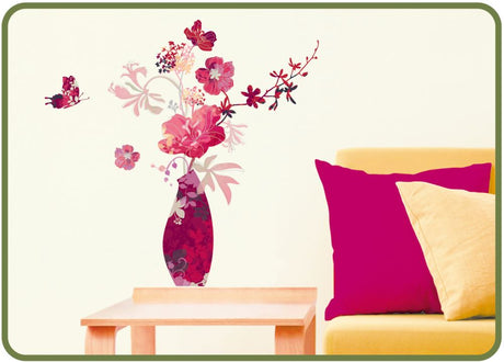 Vibrant wall decal of a stunning vase, removable and reusable, measuring 56cm tall by 30cm wide.