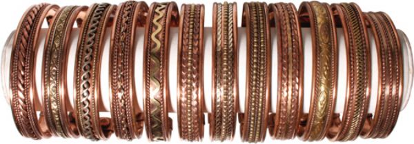 Set of four stylish copper bracelets with magnets for potential pain relief and wellness, suitable for all wrist sizes.