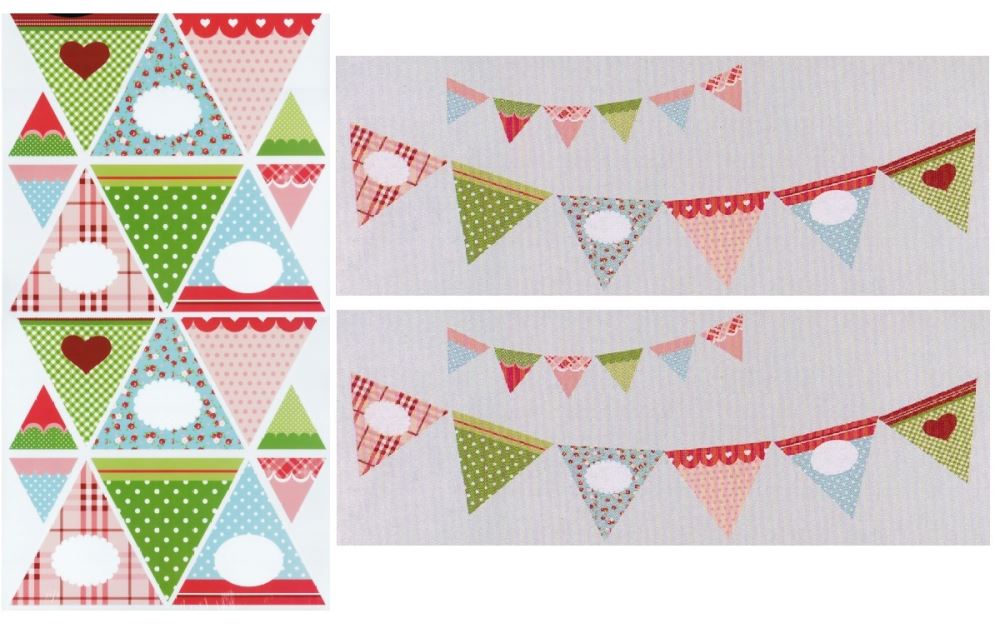 Colorful bunting banner wall decals in pastel shades, perfect for children's rooms and parties, removable and reusable.