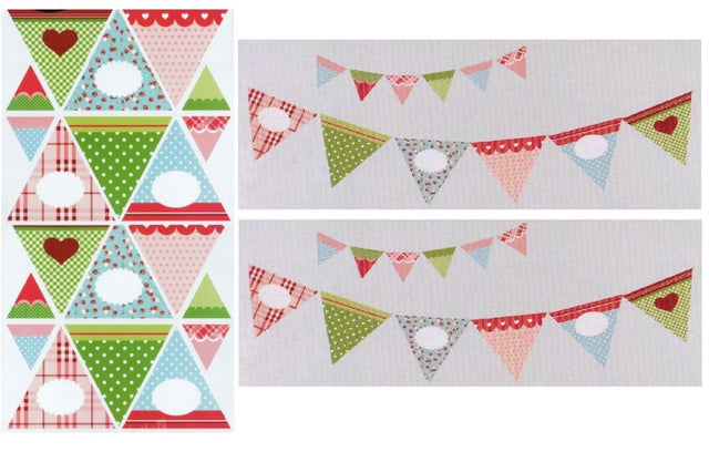 Colorful bunting banner wall decals in pastel shades, perfect for children's rooms and parties, removable and reusable.