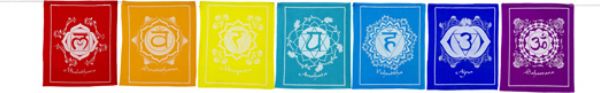 Vibrant 56-inch Tibetan prayer flag made of cotton, featuring chakra designs for peace and spirituality in any space.