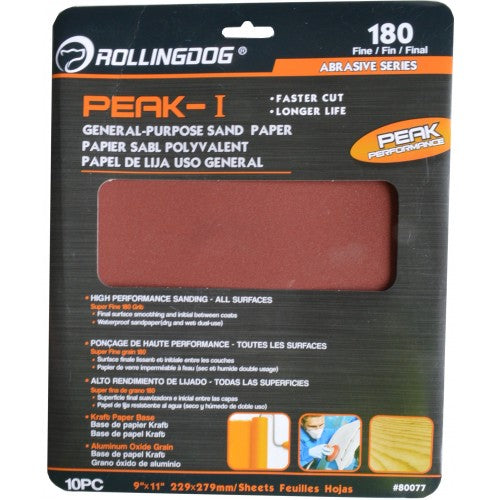 High-quality sandpaper pack with 10 sheets, 180 grit, ideal for fine sanding wood, metal, and plastic projects.