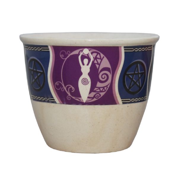 Intricately designed ceramic smudge pot with goddess motif for burning sage and herbs, 10.5cm high and 12.5cm wide.