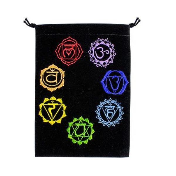 Elegant 5x7 inch black velvet bag with colorful 7 Chakra embroidery and dual drawstring closure for secure storage.