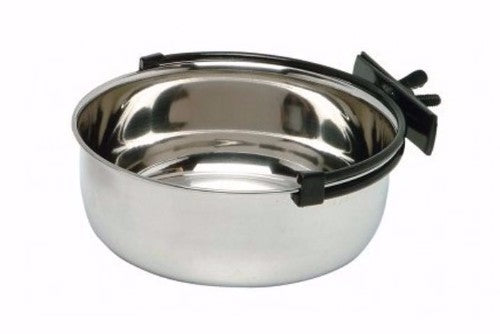 Durable 20cm stainless steel pet bowl with snap-fit fixture for secure attachment to enclosures, perfect for small animals.