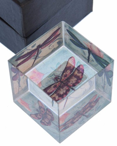 Elegant crystal paperweight with a dragonfly design, perfect for desk decor and organizational charm.