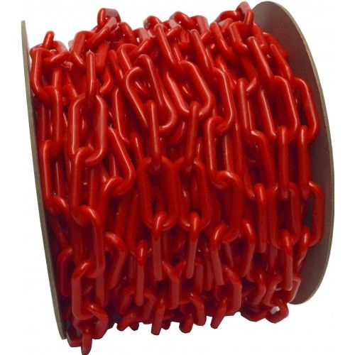 Vibrant red plastic chain, 6mm x 25m, ideal for safety barriers, crowd control, and crafting projects. Lightweight and durable.