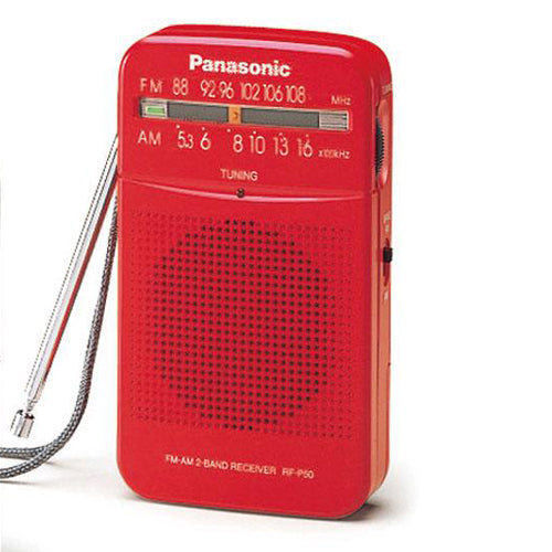 Compact Panasonic Portable Radio in vibrant red, featuring a 5.7 cm speaker, LED tuning, and lightweight design for on-the-go listening.