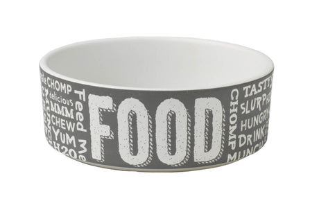 Hand-crafted dark gray chalkboard pet bowl with FOOD and WATER labels, 7" size, 5.5 cups capacity, microwave and dishwasher safe.