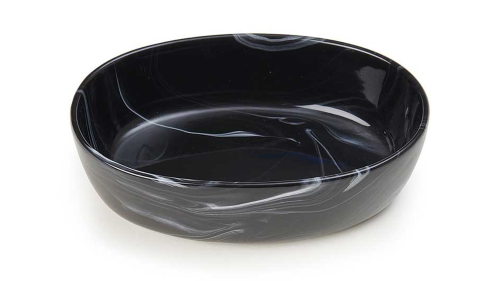 Elegant oval black marble bowl (17cm) for serving, handcrafted, microwave and dishwasher safe, perfect for any dining occasion.